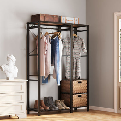 Garment Rack With Shelves, 2 Wicker Drawers, 4 Hooks, Organizer Daily Nest