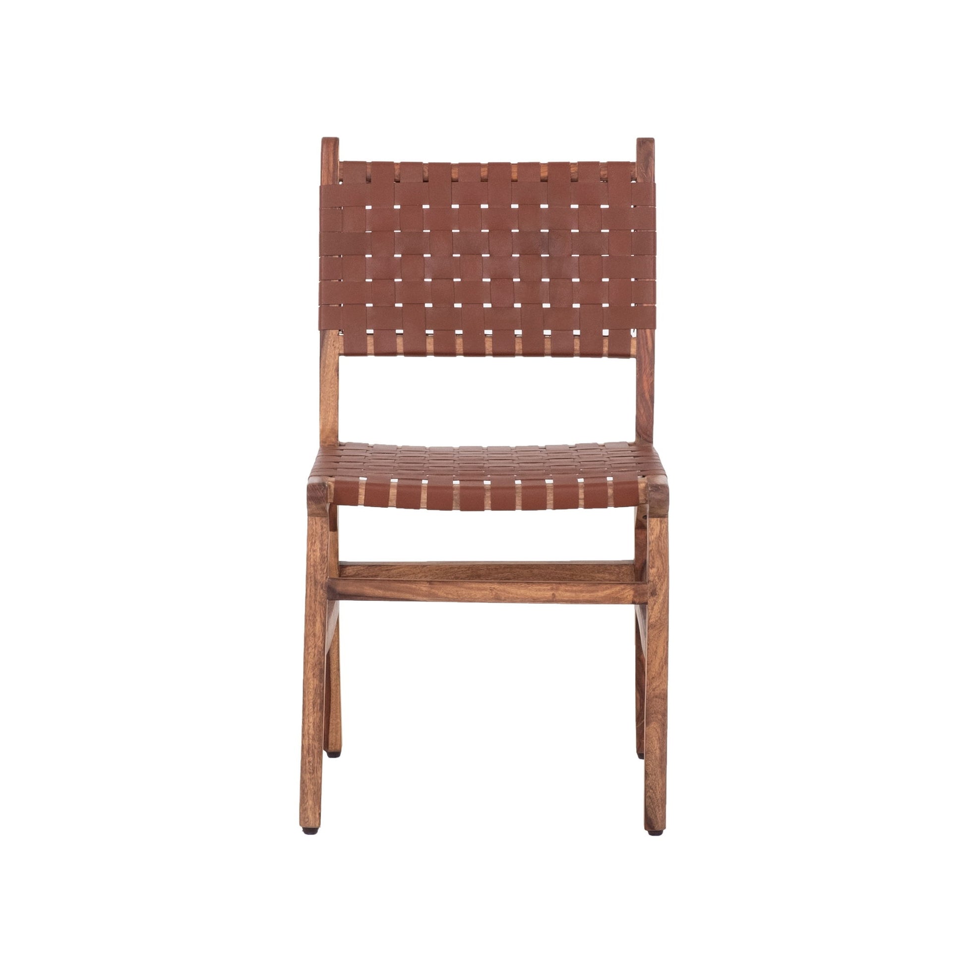 Rustic Wooden Dining Chair (Set of 2) With Genuine Leather Woven Upholstery - Brown Home Essentials