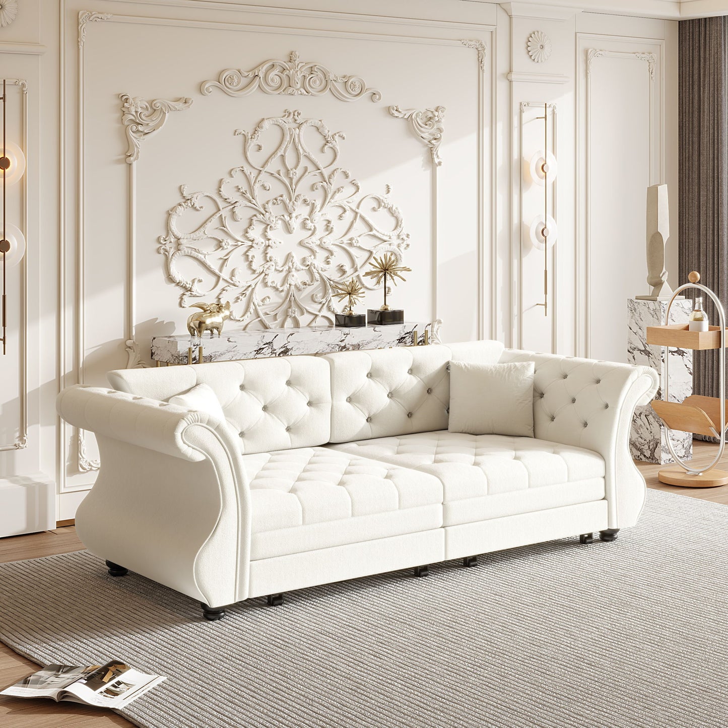 Oversized Chesterfield Pull Out Sofa Bed, Roll Arm Couch With Flower Tufting For Living Room Home Essentials