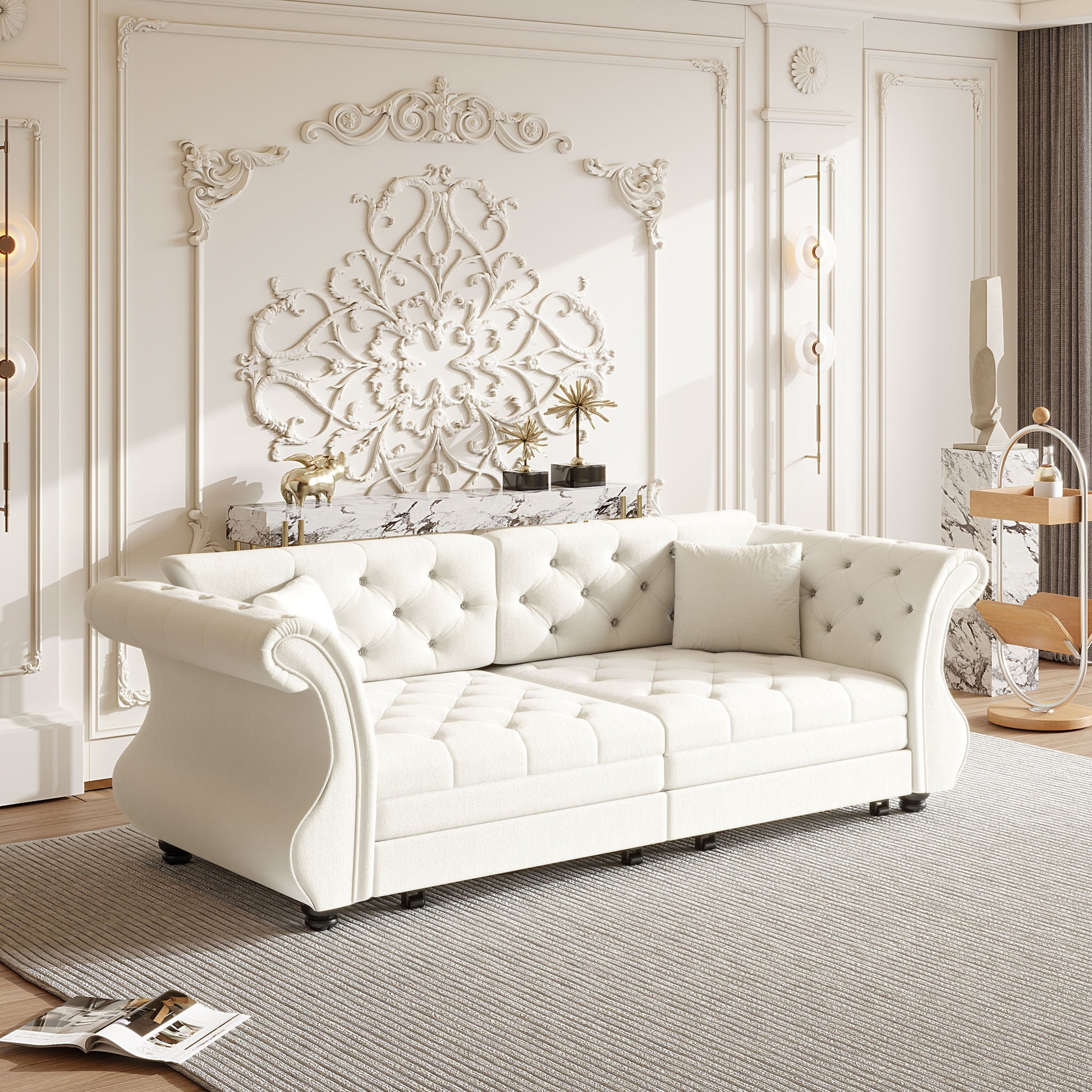 Oversized Chesterfield Pull Out Sofa Bed, Roll Arm Couch With Flower Tufting For Living Room Home Essentials