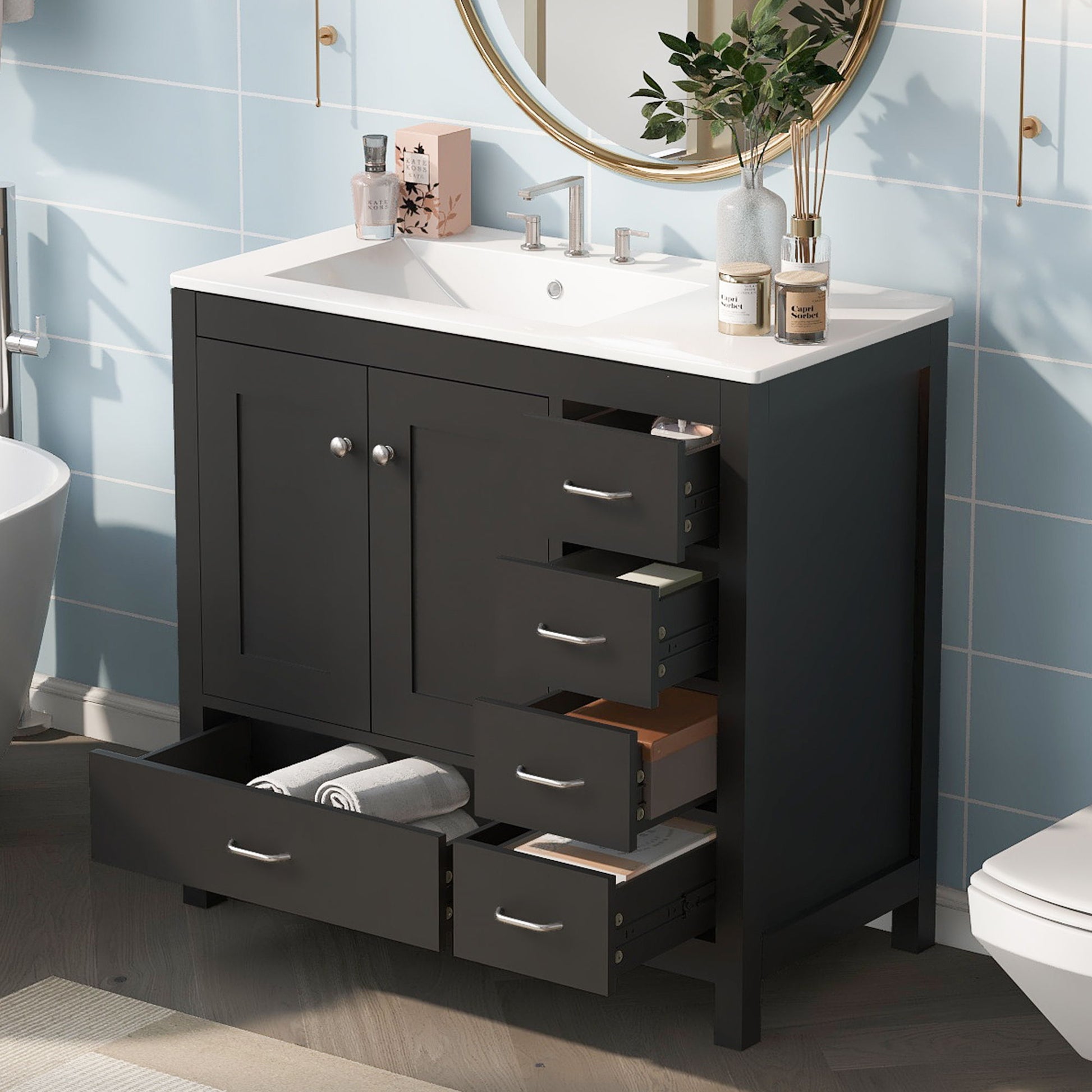 Bathroom Vanity With Ceramic Sink Combo, Abundant Storage Cabinet 2 Soft Close Doors And 5 Drawers Hearth and Haven