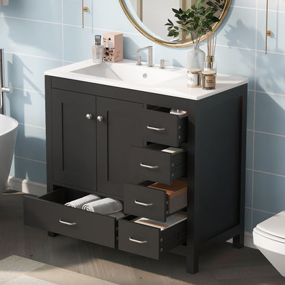 Bathroom Vanity With Ceramic Sink Combo, Abundant Storage Cabinet 2 Soft Close Doors And 5 Drawers Hearth and Haven