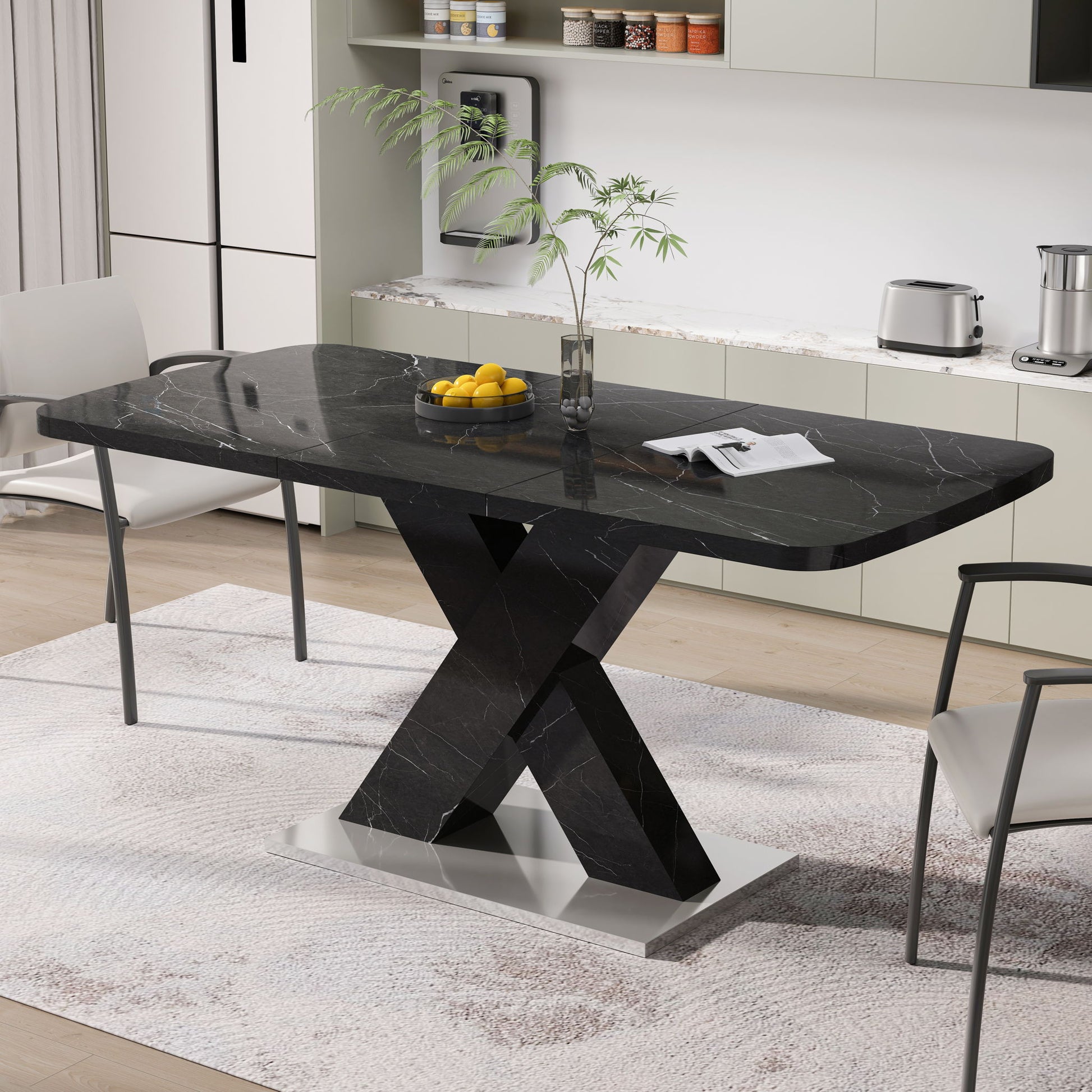 Modern Rectangle Dining Table With Stretchable TopAnd X Shape Legs Home Essentials