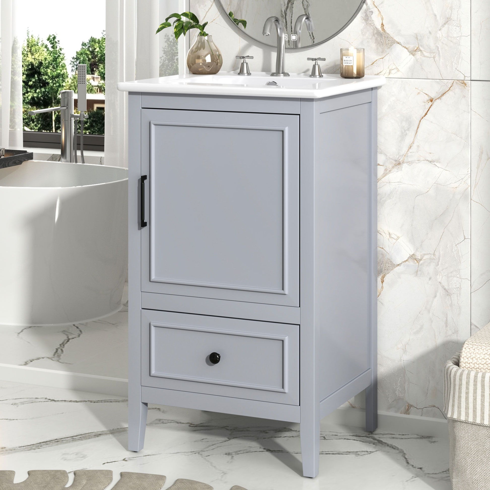 20" Bathroom Vanity With Sink, Bathroom Cabinet With A Door, Door Shelf Storage And Adiustable Foot Pads, A Drawer - Gray Noble House