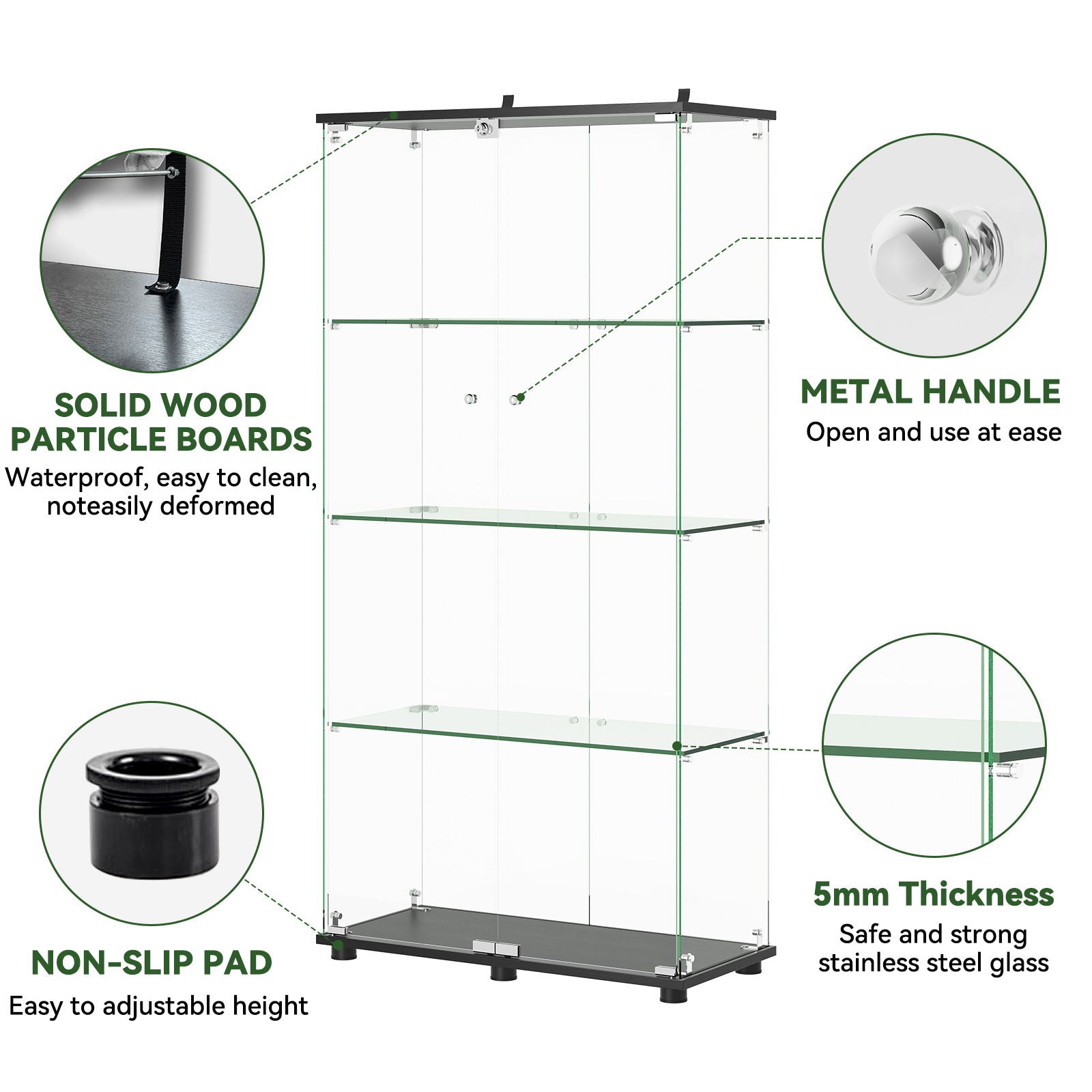 Modern Glass Display Cabinet With 4 Shelf Double Doors And Lock, Tempered Glass Bookshelf For Living Room - Black Home Essentials