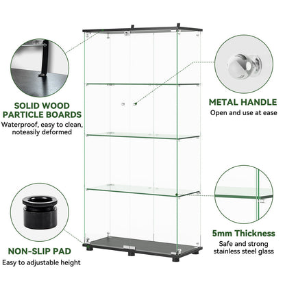 Modern Glass Display Cabinet With 4 Shelf Double Doors And Lock, Tempered Glass Bookshelf For Living Room - Black Home Essentials