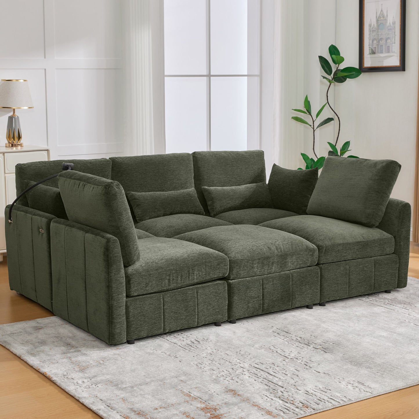 Modern Modular U-Shaped Sofa Bed With Movable Ottoman, USB Ports, Phone Holder Hearth and Haven
