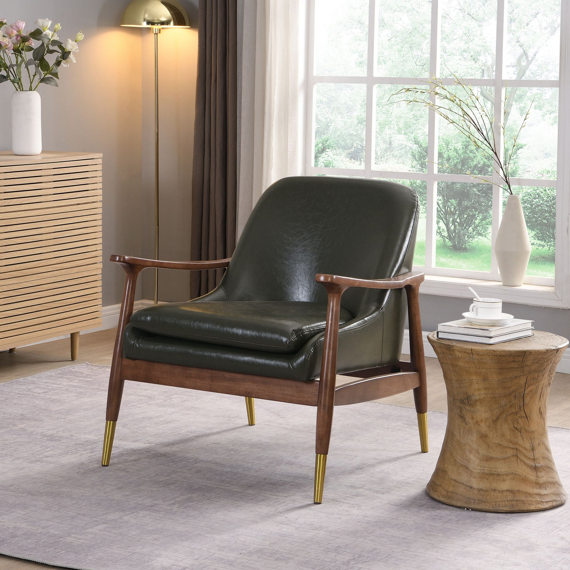 Mid - Century Accent Chair With Cushioned Seat, Brass Tipped Legs Noble House