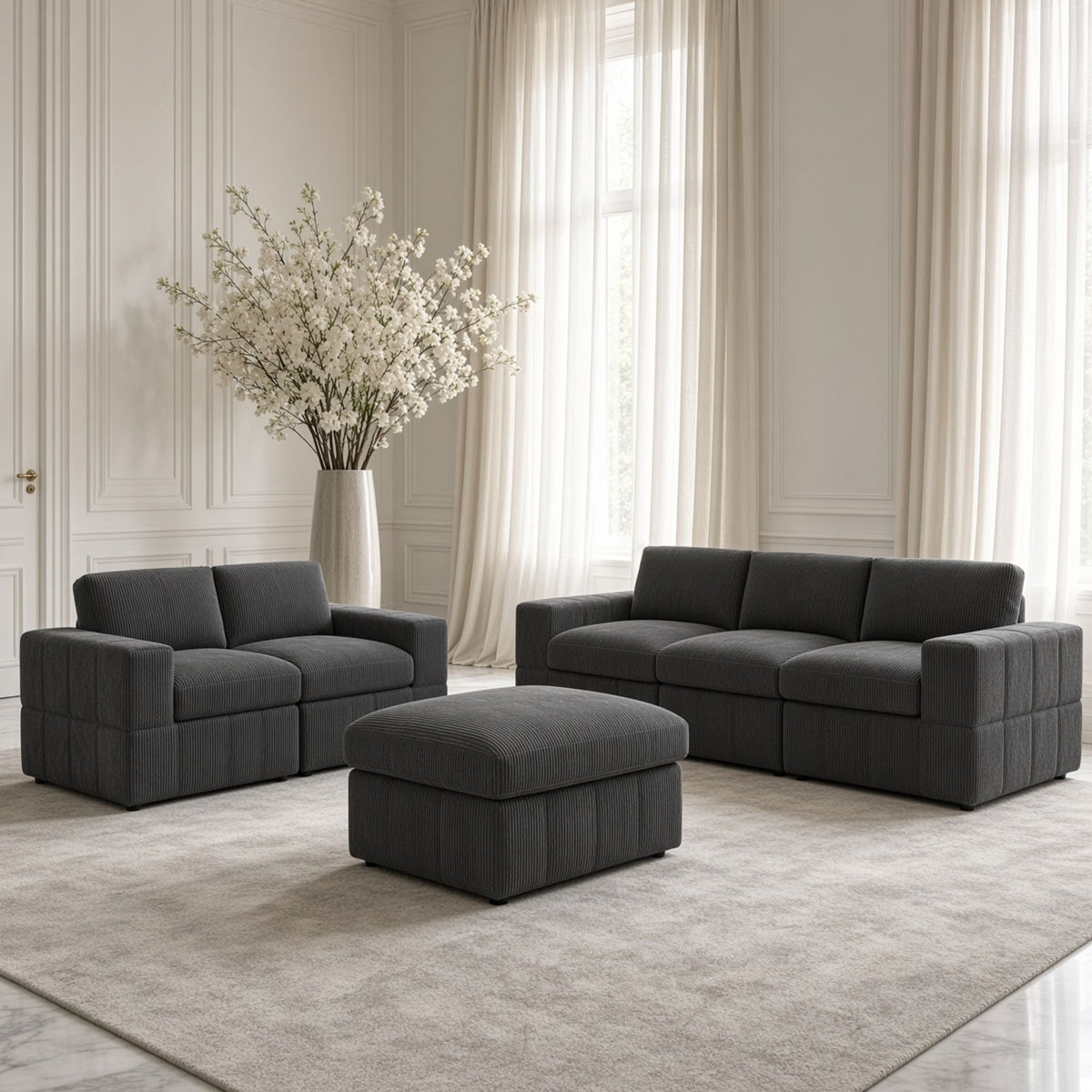 Oversized Modular Sectional Sofa Set With Loveseat & Ottoman, 6 Piece Living Room Furniture - Dark Gray Home Essentials