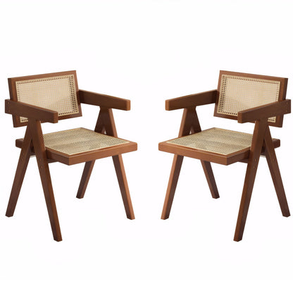 Modern Mid Century Dining Chairs (Set of 2), Rattan Accent Chairs, Comfy Armchairs, Outdoor Wood Chairs With Armrest - Walnut Home Essentials