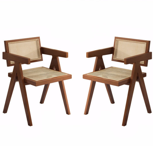 Modern Mid Century Dining Chairs (Set of 2), Rattan Accent Chairs, Comfy Armchairs, Outdoor Wood Chairs With Armrest - Walnut Home Essentials