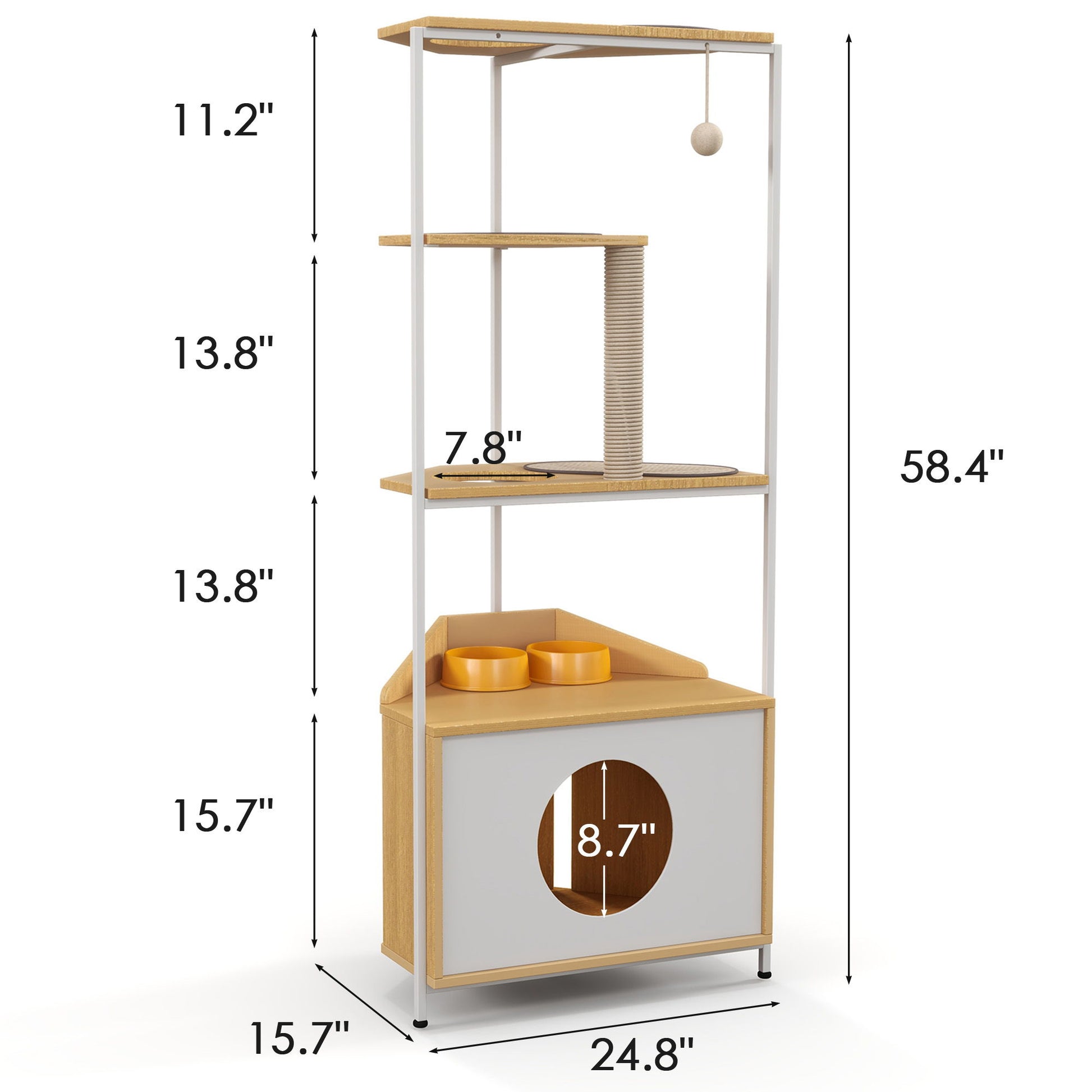 Corner Cat Tower, Cat Tree With Scratching Post, Cat Condo With Feeding Station And Climbing Platforms, Pet Furniture For Indoor Cats - White / Light Oak Daily Nest