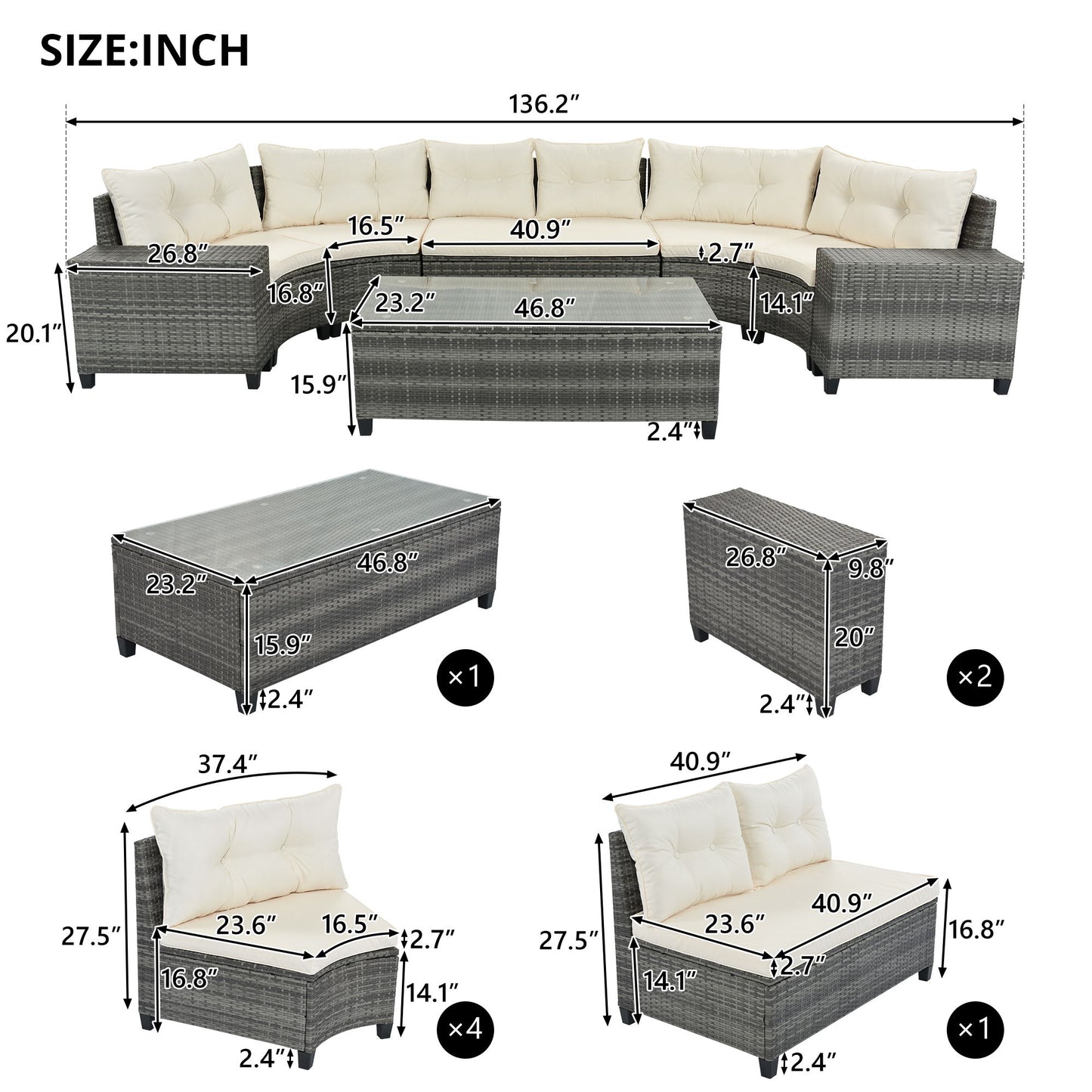 8 Pieces Outdoor Wicker Round Sofa Set, Half-Moon Sectional Sets All Weather, Curved Sofa Set With Rectangular Coffee Table, PE Rattan Water-Resistant And UV Protected, Movable Cushion Hearth and Haven