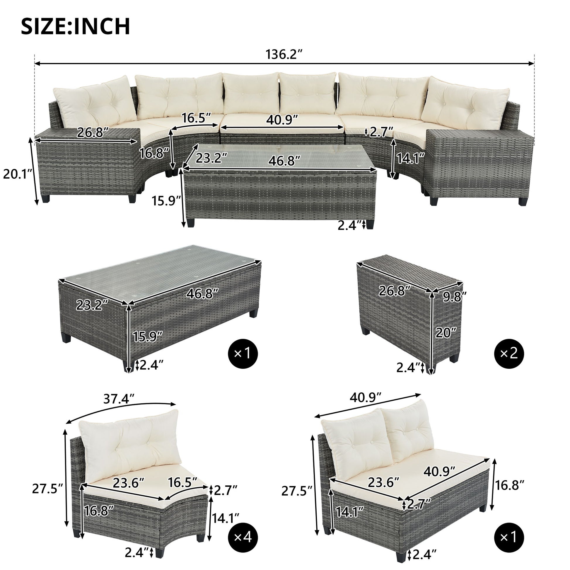 8 Pieces Outdoor Wicker Round Sofa Set, Half-Moon Sectional Sets All Weather, Curved Sofa Set With Rectangular Coffee Table, PE Rattan Water-Resistant And UV Protected, Movable Cushion Hearth and Haven
