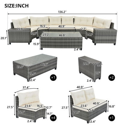 8 Pieces Outdoor Wicker Round Sofa Set, Half-Moon Sectional Sets All Weather, Curved Sofa Set With Rectangular Coffee Table, PE Rattan Water-Resistant And UV Protected, Movable Cushion Hearth and Haven