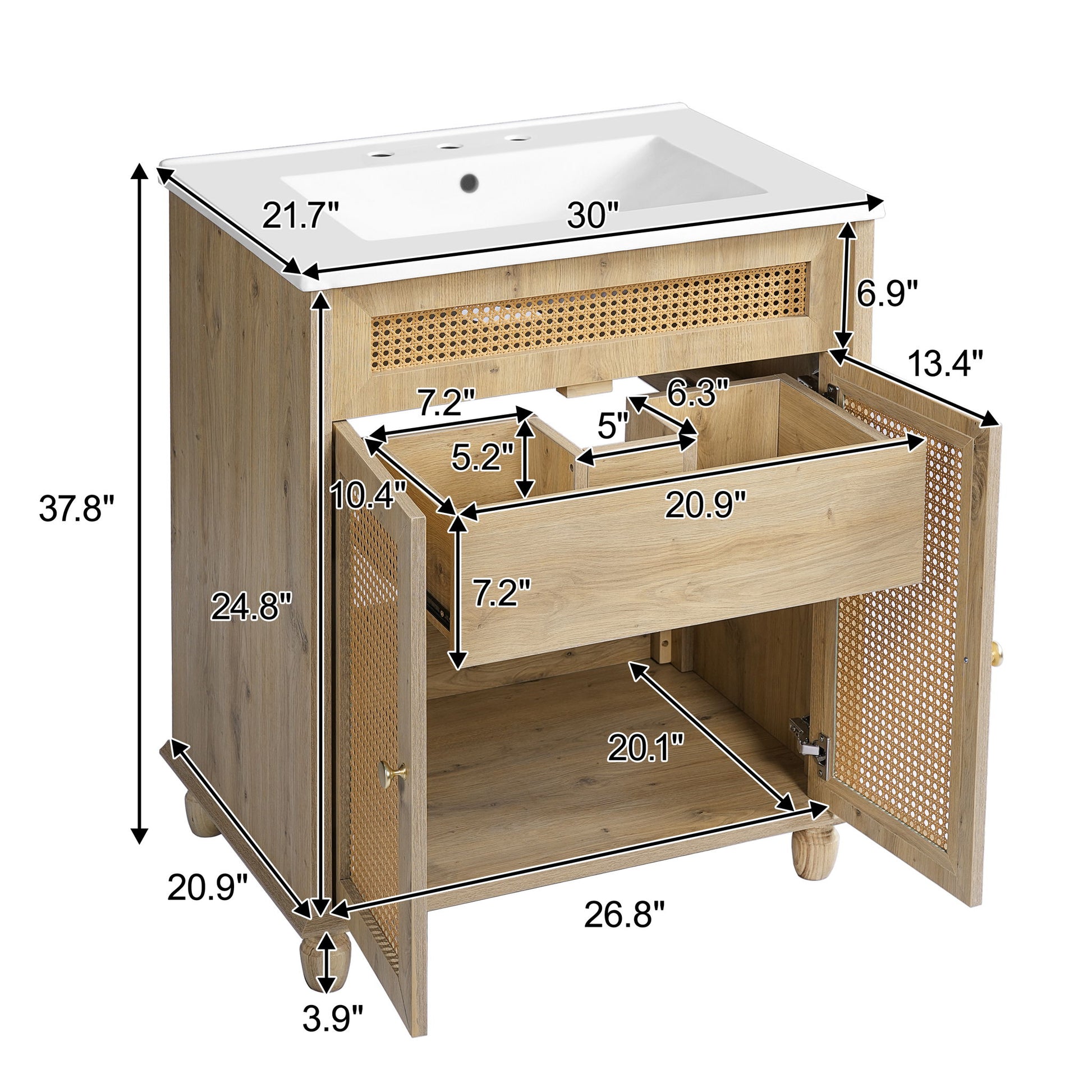 Bathroom Vanity With Handwoven Rattan Doors, Resin Basin - Natural Wood Noble House
