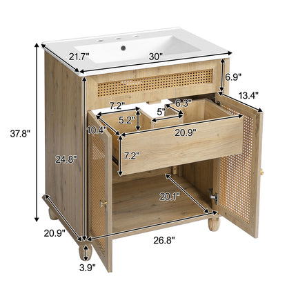 Bathroom Vanity With Handwoven Rattan Doors, Resin Basin - Natural Wood Noble House