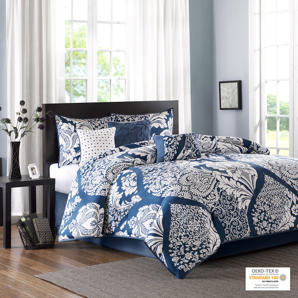 Vienna - Queen 7 Piece Printed Comforter Set - Indigo