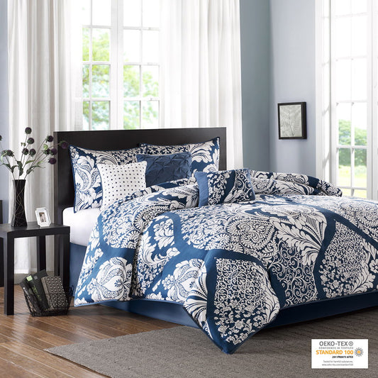 Vienna - California King 7 Piece Printed Comforter Set - Indigo