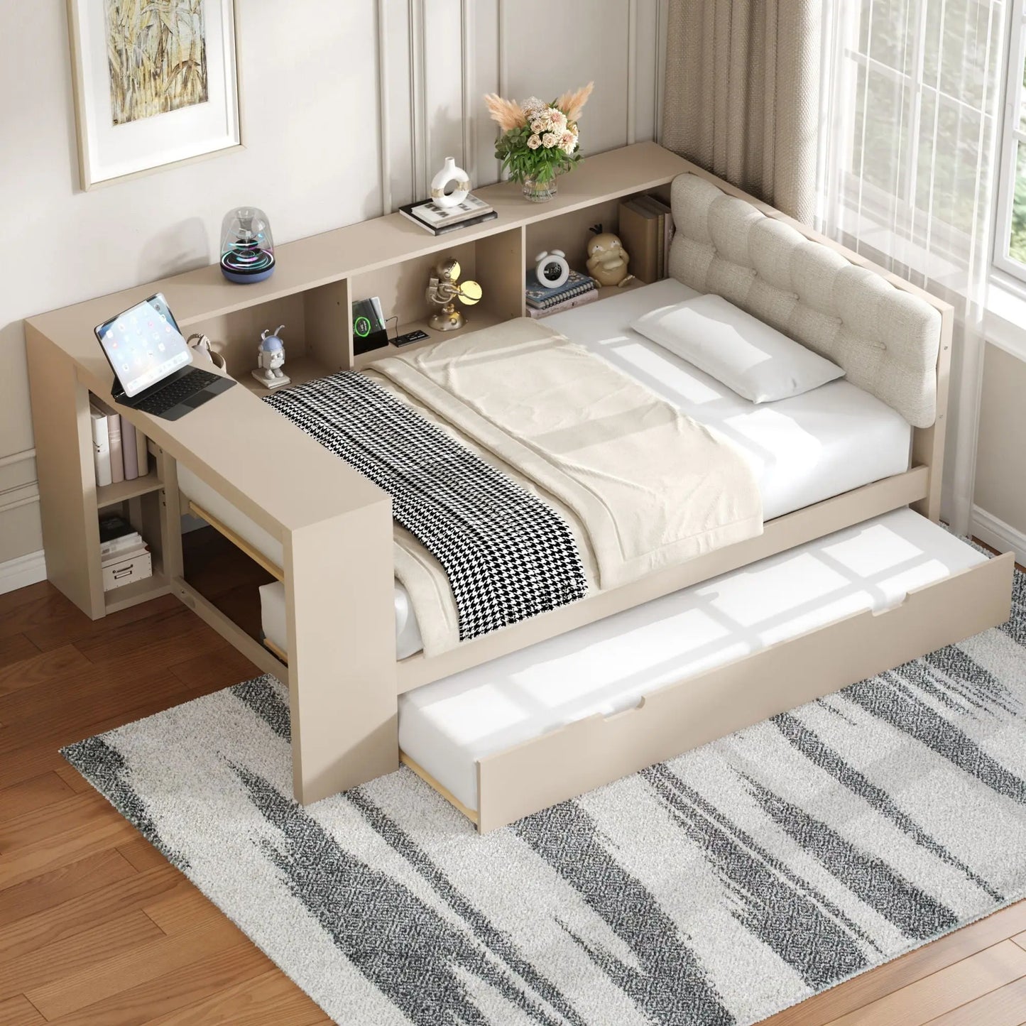 Upholstered Headboard Platform Bed With Storage Shelves, Trundle, Charging Station Hearth and Haven