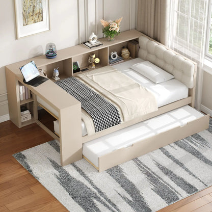 Upholstered Headboard Platform Bed With Storage Shelves, Trundle, Charging Station Hearth and Haven