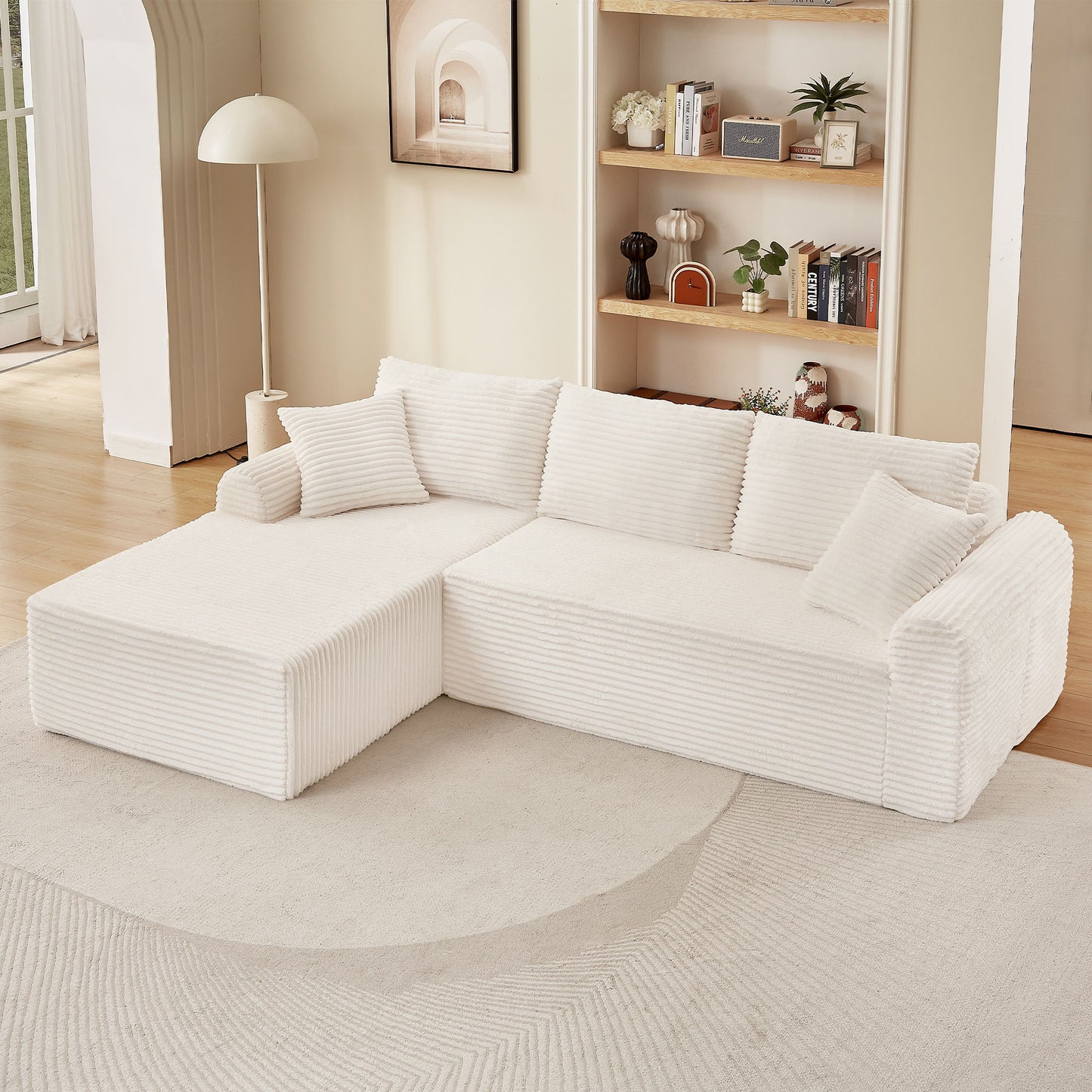 Modular Sectional With Arched Armrests, Includes 3 Back Cushions & 2 Throw Pillows