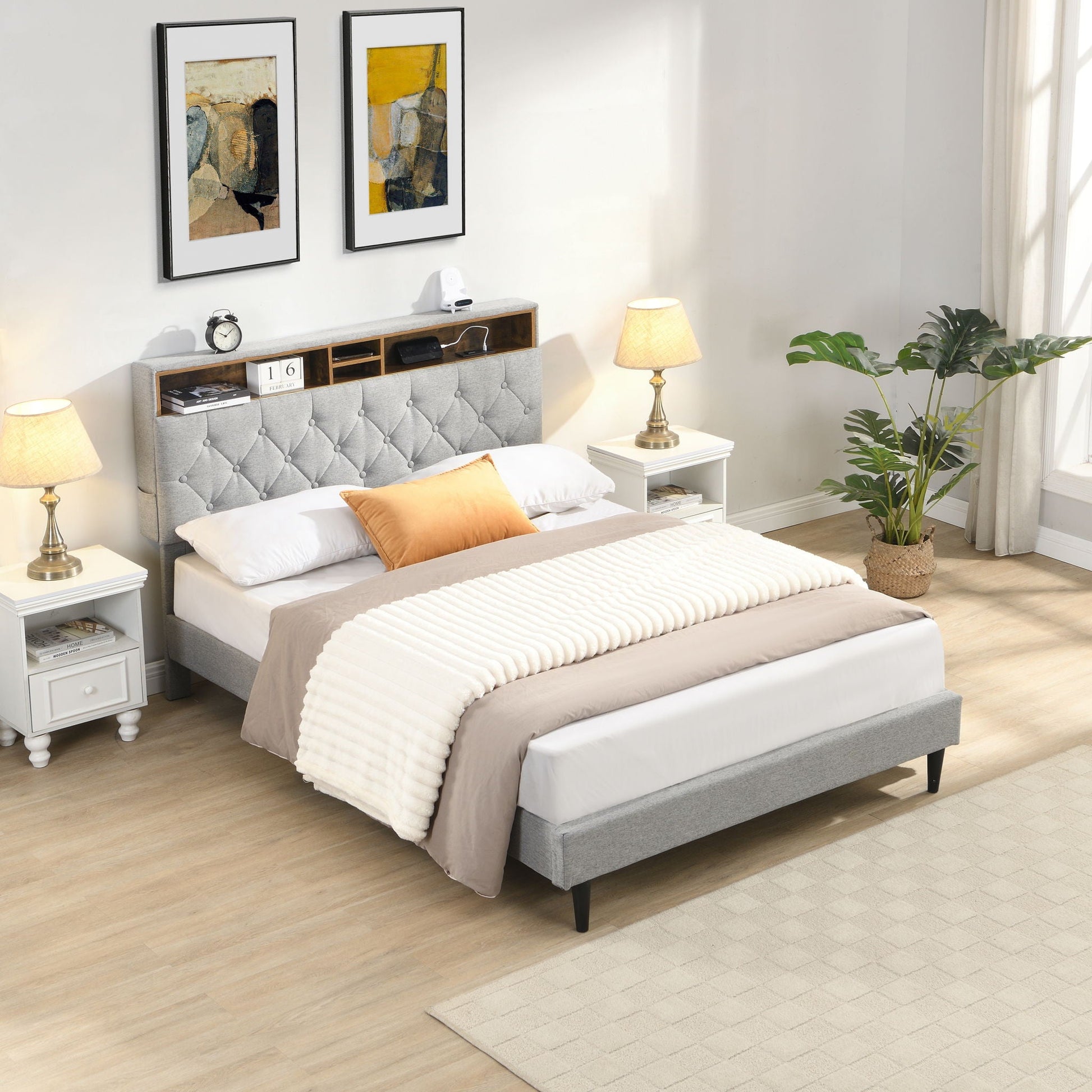 Modern Upholstered Platform Bed Frame With Button Tufted Headboard And USB Ports Home Essentials