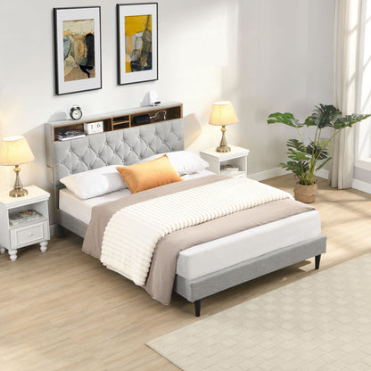Modern Upholstered Platform Bed Frame With Button Tufted Headboard And USB Ports Home Essentials