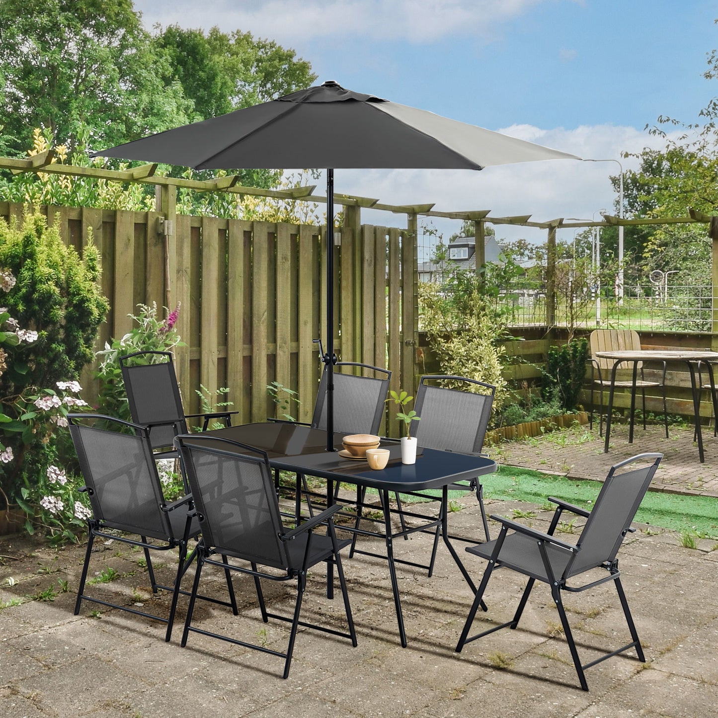 Outsunny - Patio Dining Set With Table Umbrella, Folding Chairs And Dining Table, Outdoor Patio Furniture Set Home Essentials
