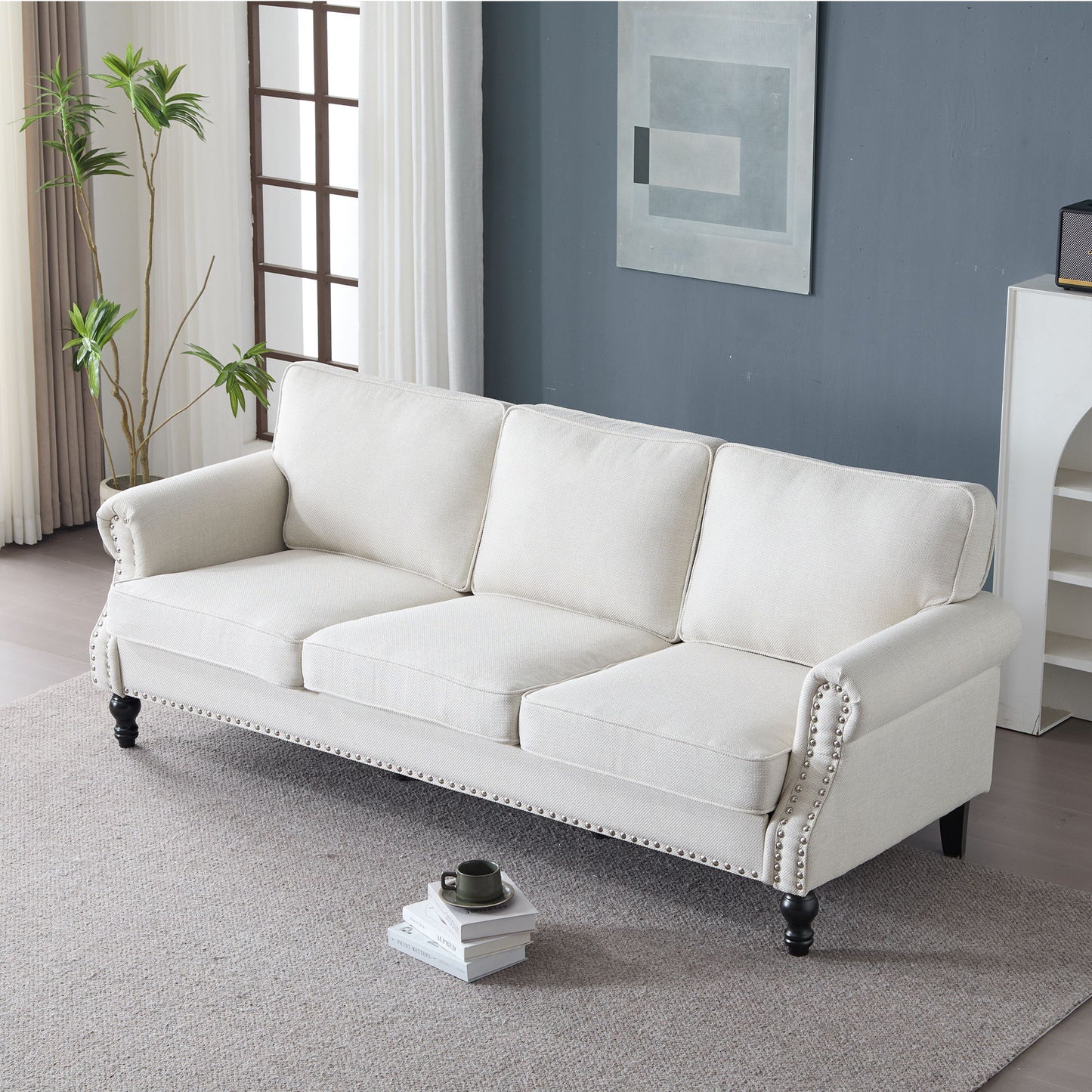 Rolled Arm Sofa With Nailhead Trim With Wooden Legs Home Essentials