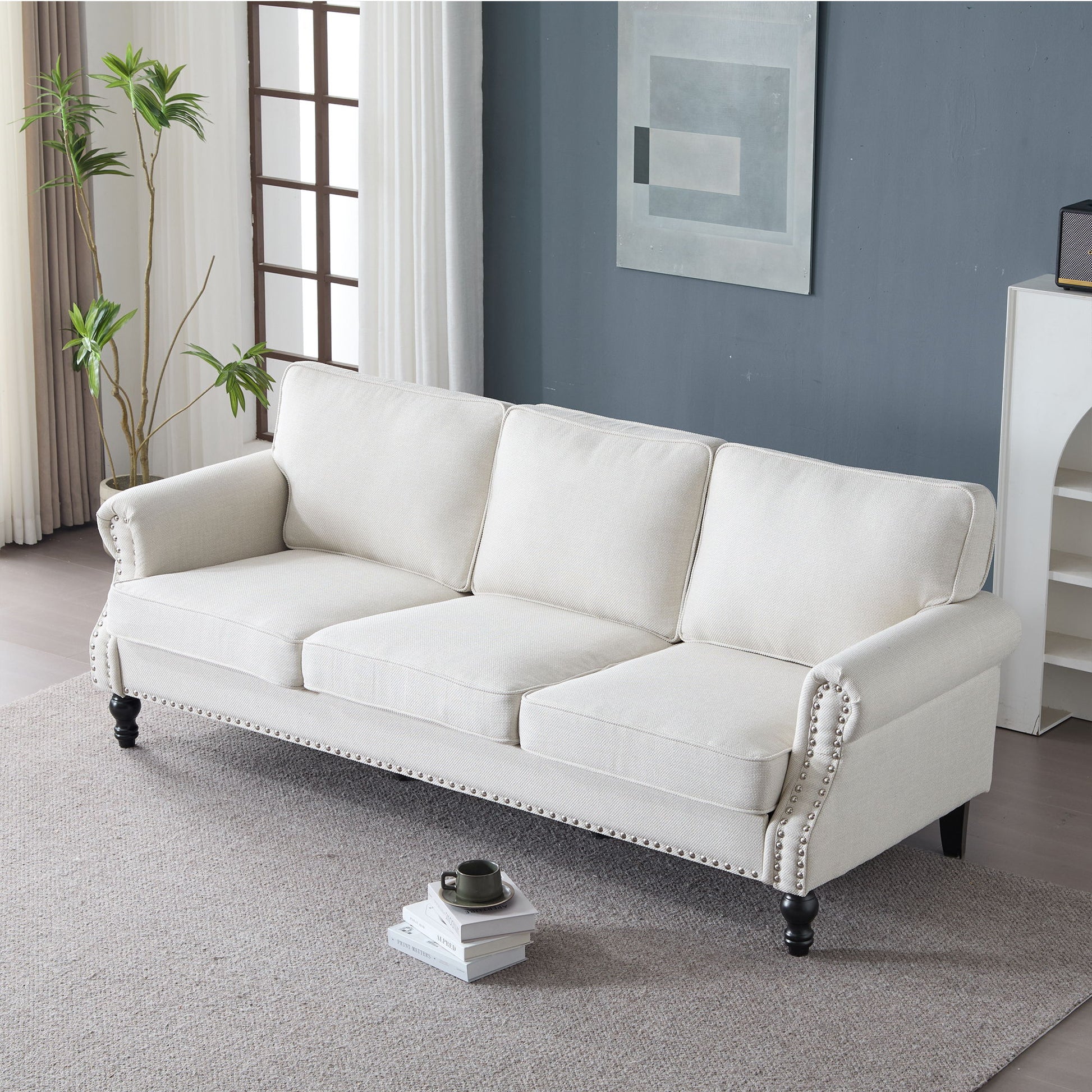 Rolled Arm Sofa With Nailhead Trim With Wooden Legs Home Essentials