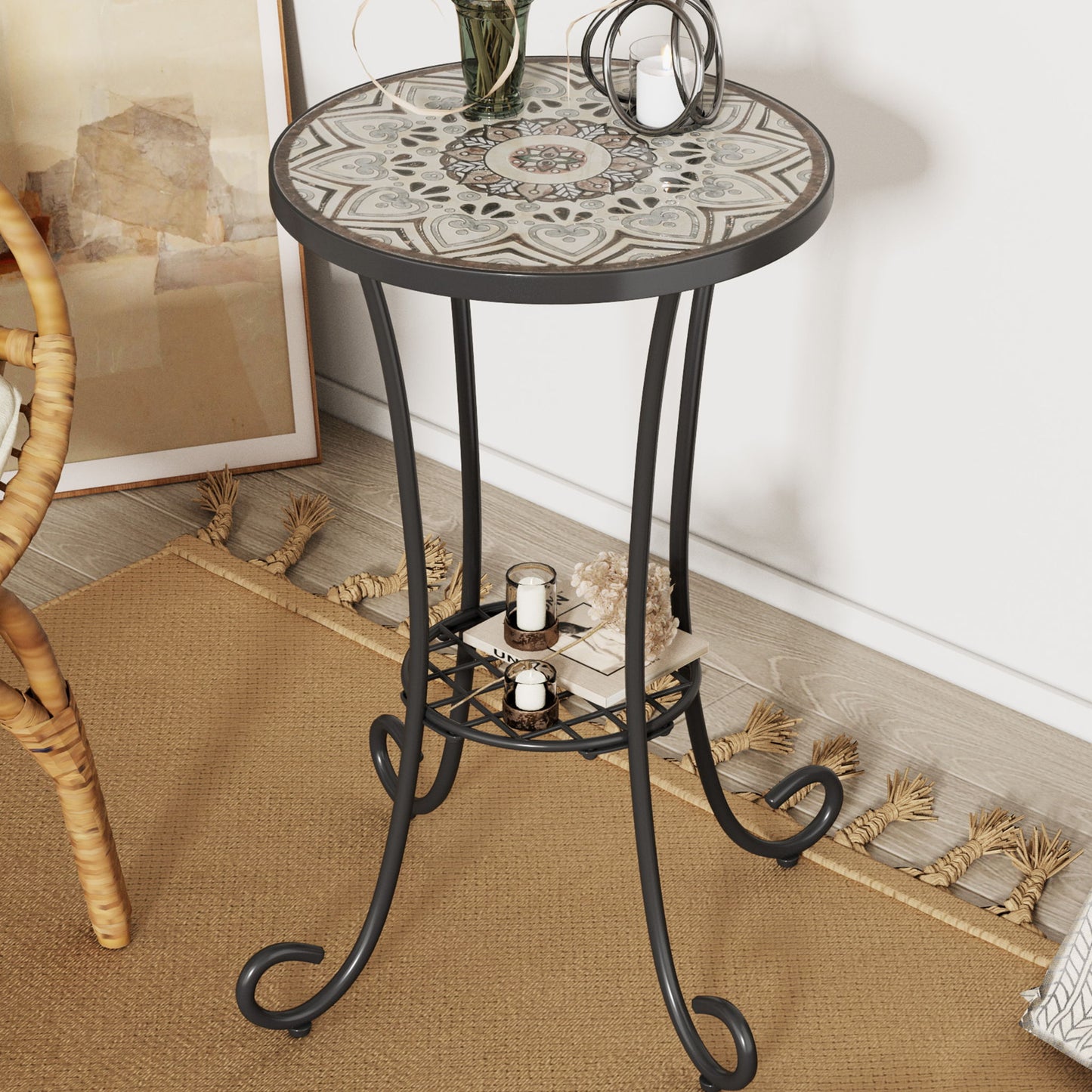Ceramic Tile And Iron Patio Side Table With Shelf Noble House