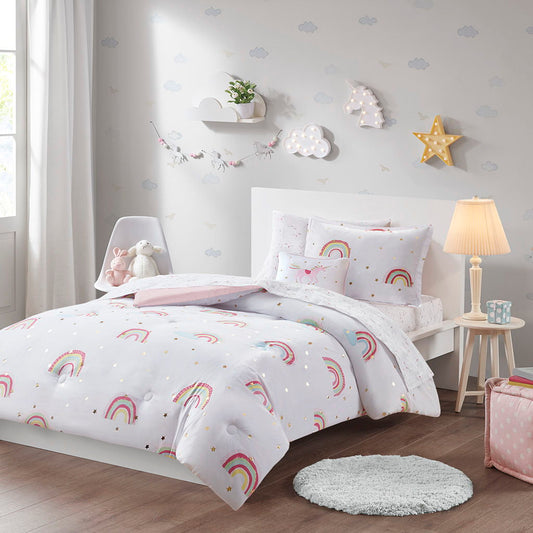 Alicia - Full Rainbow And Metallic Stars Comforter Set With Bed Sheets - White