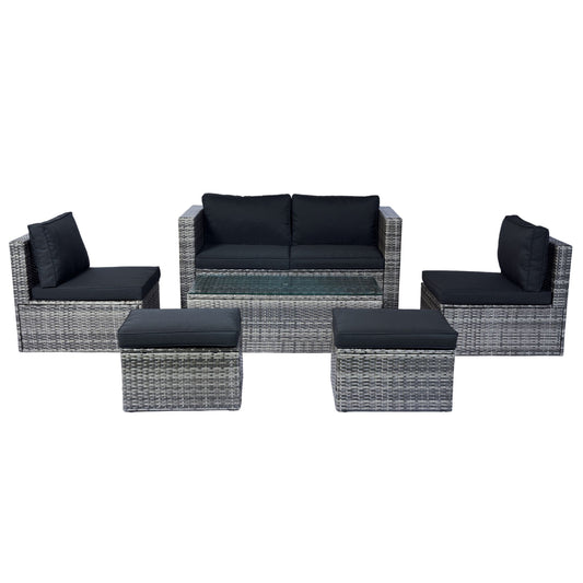 6 Piece Patio Wicker Sectional Set Patio Backyard Conversation Set Space Saving - Gray / Black Home Essentials