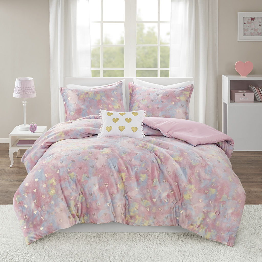 Rosalie - 4 Piece Full/Queen Metallic Printed Plush Comforter Set With Throw Pillow - Pink Multi/Gold Mi Zone