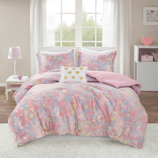 Rosalie - 3 Piece Twin/Twin Long Metallic Printed Plush Comforter Set With Throw Pillow - Pink Multi/Gold - Snoozhouse