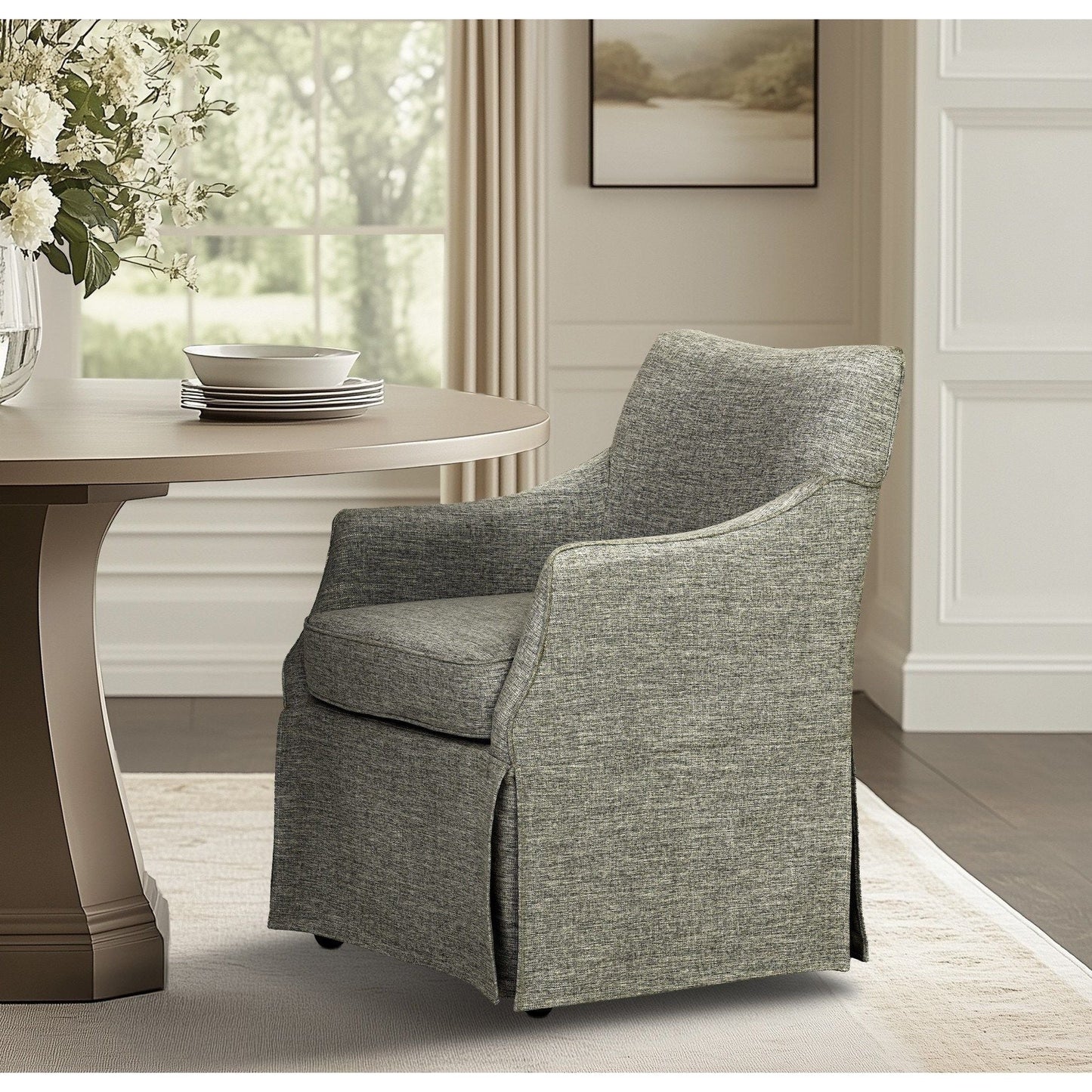 London - Upholstered Skirted Dining Arm Chair With Hidden Casters - Gray Martha Stewart