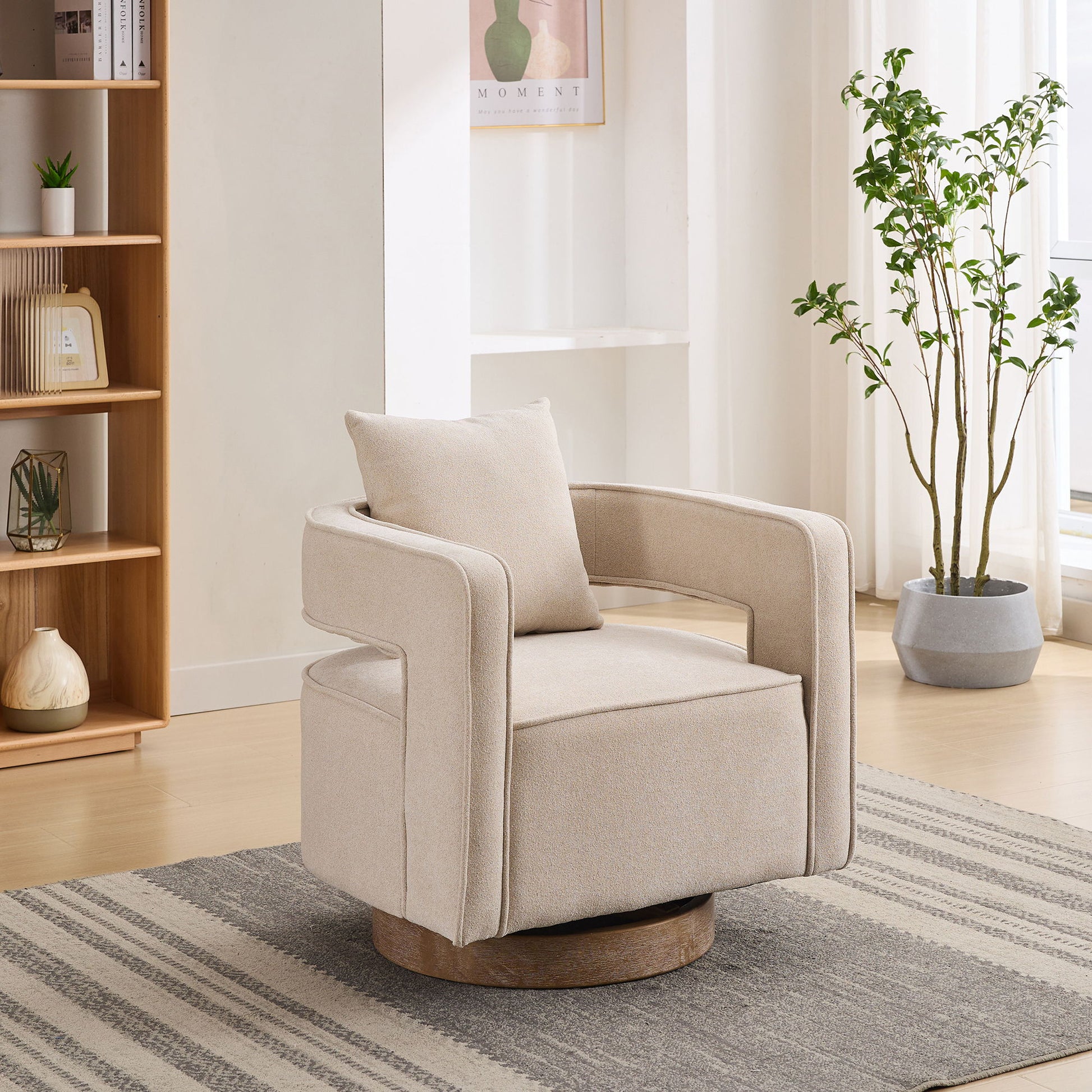 Swivel Accent Open Back Barrel Chair With Weathered Base Home Essentials