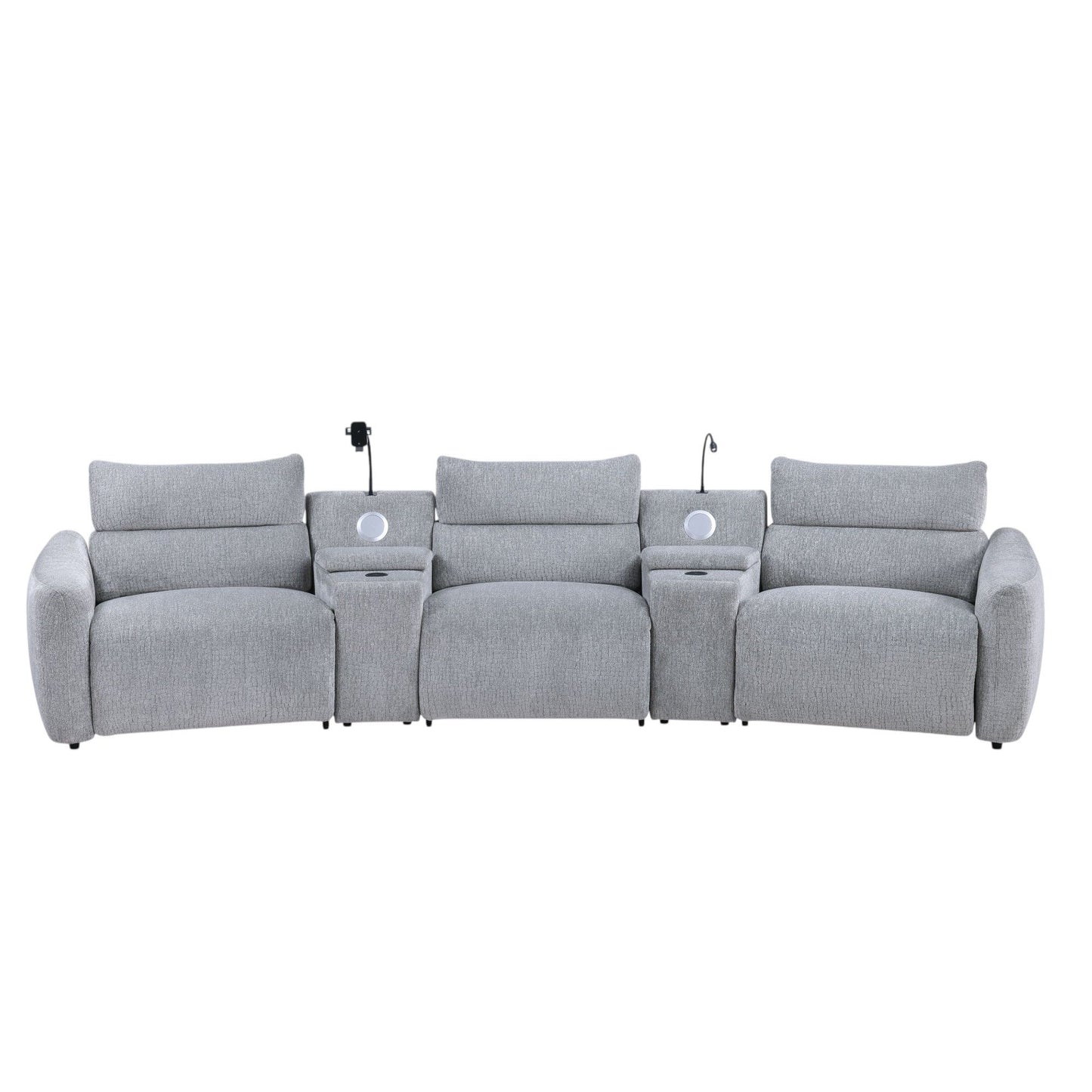 Fullar - Modular Power Motion Sectional Sofa With Console, 2 Wireless Chargers, 4 Cupholders, And 2 Speakers, 1 Phone Holder And 1 Reading Light, Adjustable Headrest - Light Gray Acme