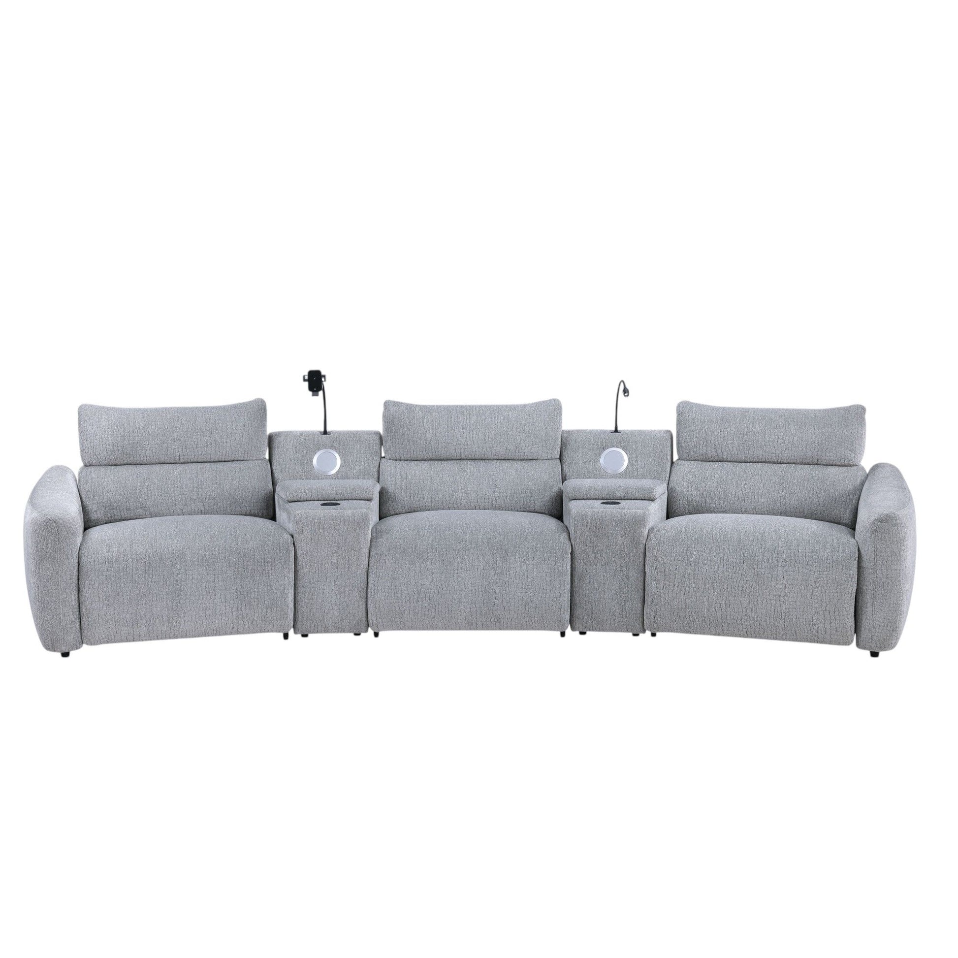 Fullar - Modular Power Motion Sectional Sofa With Console, 2 Wireless Chargers, 4 Cupholders, And 2 Speakers, 1 Phone Holder And 1 Reading Light, Adjustable Headrest - Light Gray Acme
