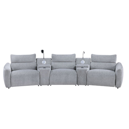 Fullar - Modular Power Motion Sectional Sofa With Console, 2 Wireless Chargers, 4 Cupholders, And 2 Speakers, 1 Phone Holder And 1 Reading Light, Adjustable Headrest - Light Gray Acme