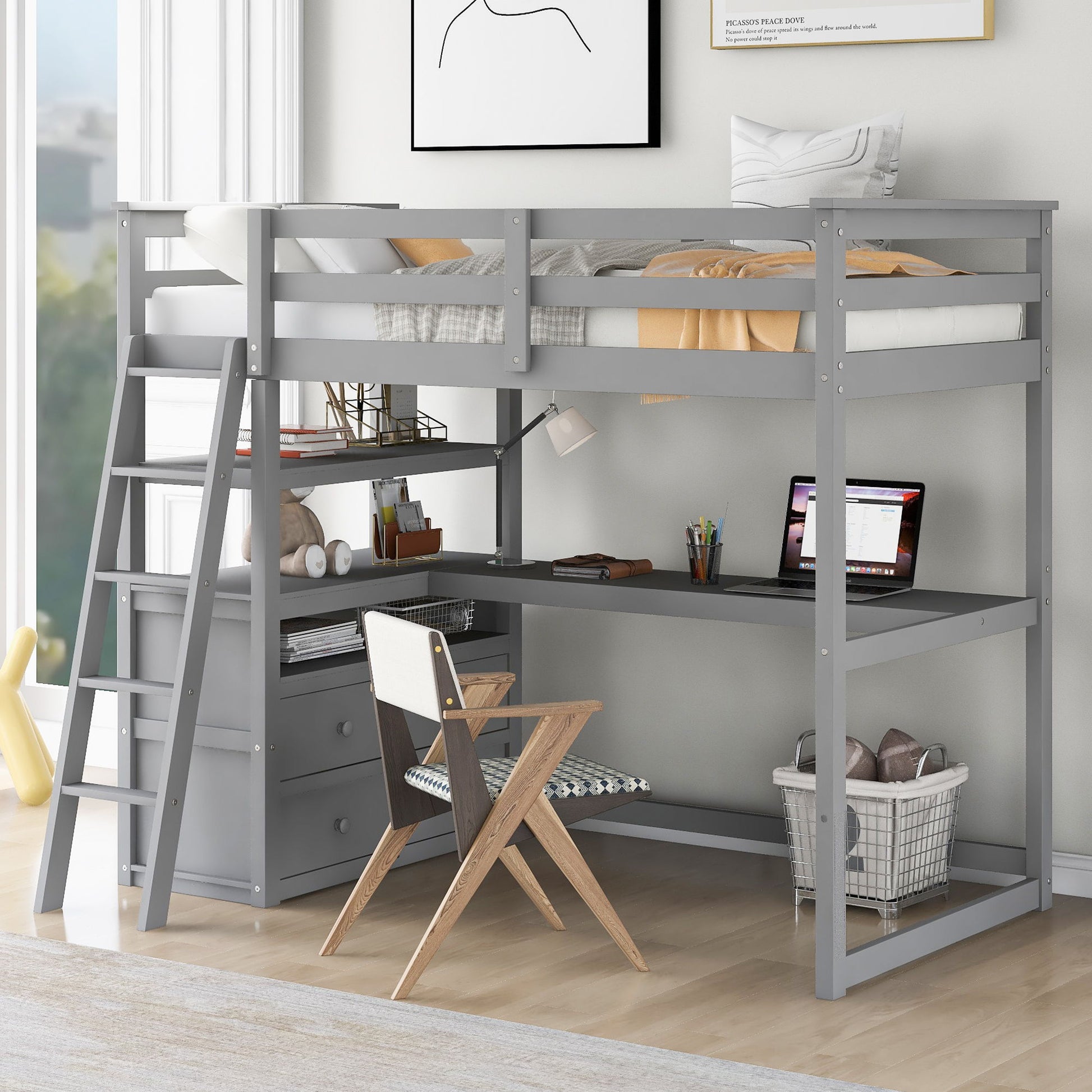 Modern Loft Bed With Built In Desk, Shelves, And 2 Drawers Hearth and Haven