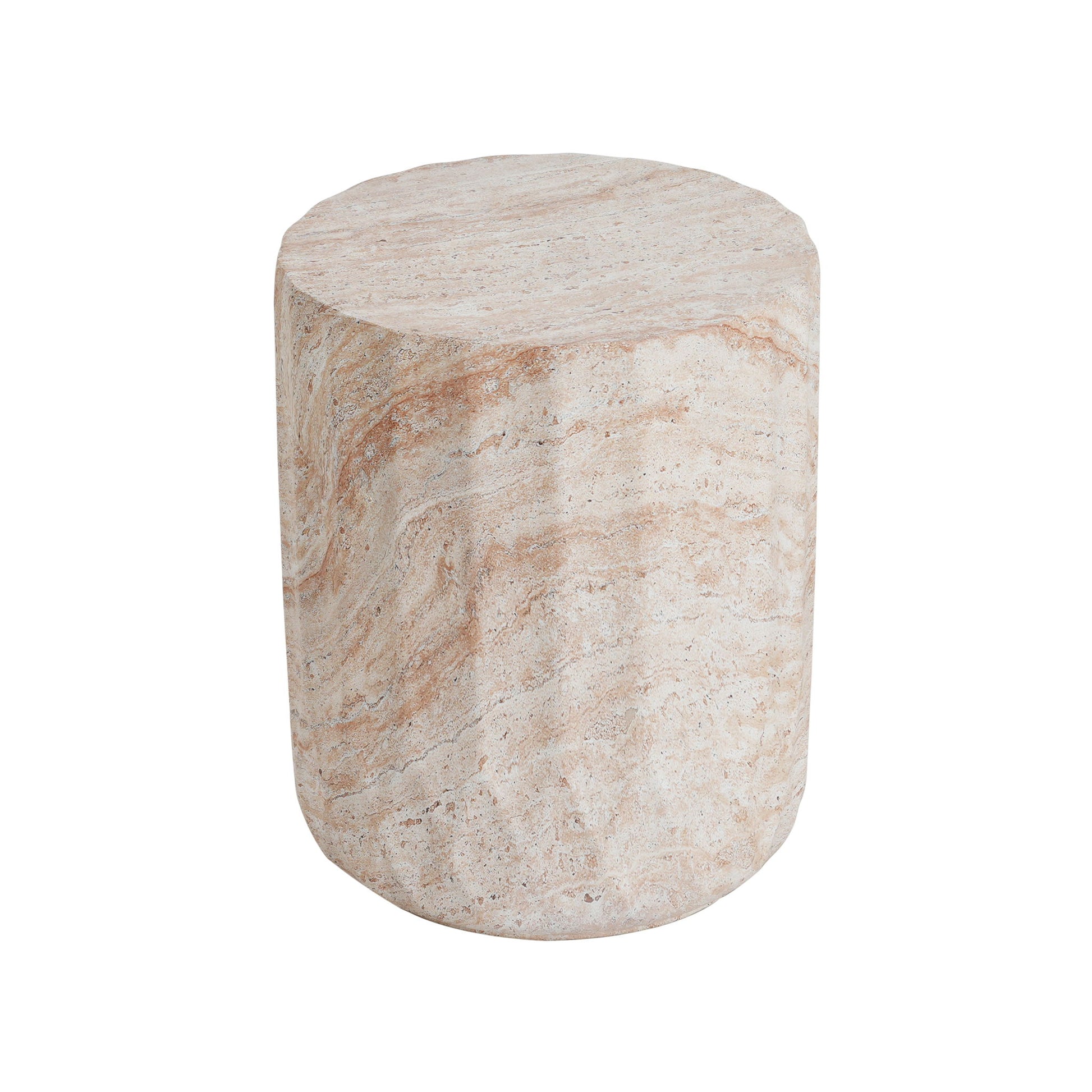 Outdoor / Indoor Lightweight Concrete Side Table, Cylinder Travertine Finish Accent Table - Beige Noble House