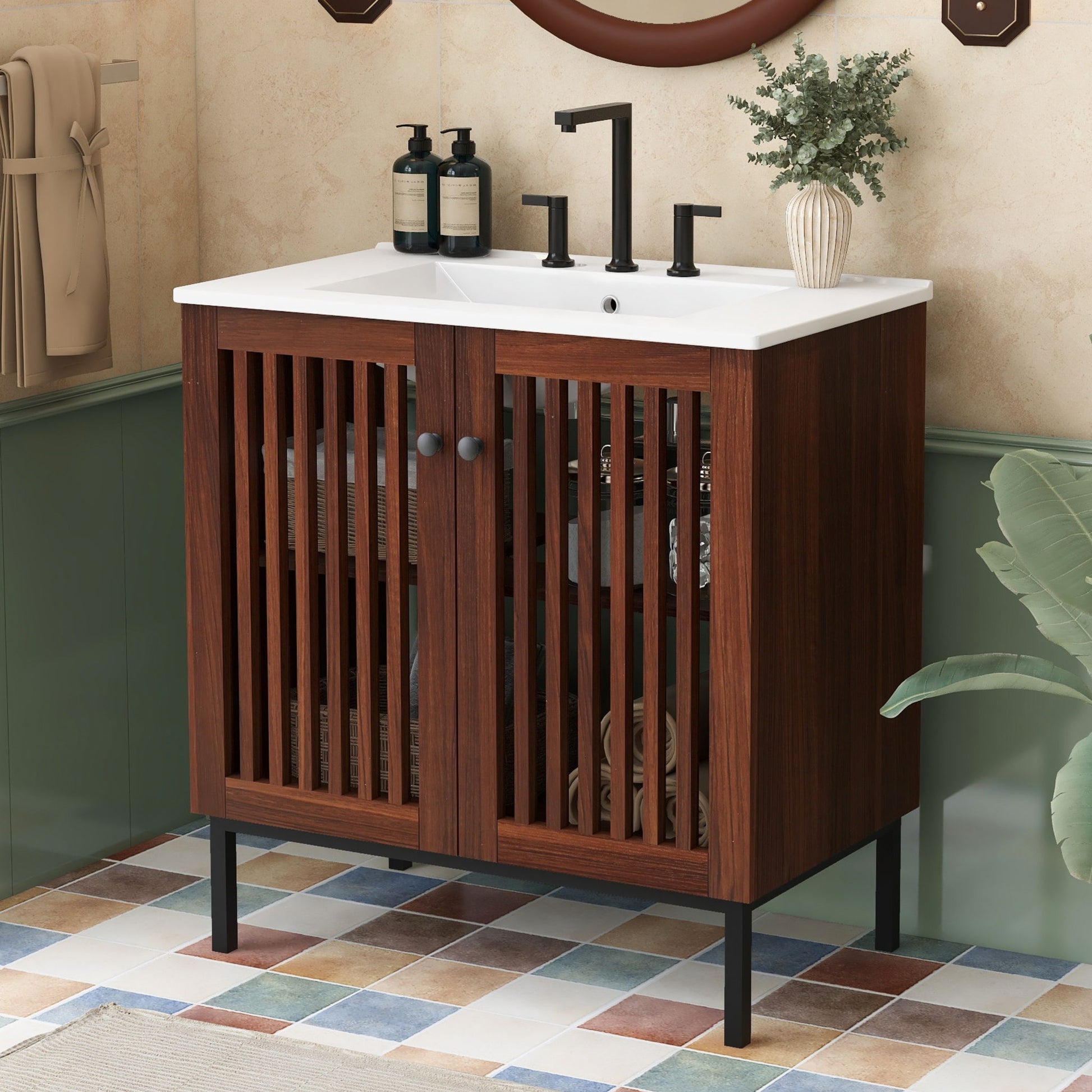 30" Vintage Bathroom Vanity With Ceramic Sink, Modern Bathroom Vanity Cabinet With 2 Soft Close Doors, Equpiied With 4 Sturdy Iron Legs - Antique Dark Brown Noble House