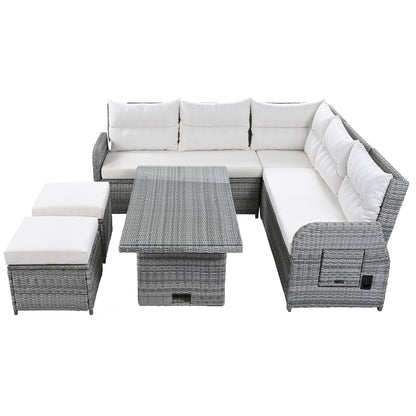 Outdoor Furniture Set Patio Rattan Furniture Set With Adjustable Table, Recliners With Extendable Side Tables And 2 Ottomans Hearth and Haven