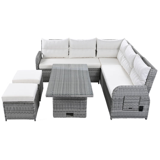 Outdoor Furniture Set Patio Rattan Furniture Set With Adjustable Table, Recliners With Extendable Side Tables And 2 Ottomans Hearth and Haven
