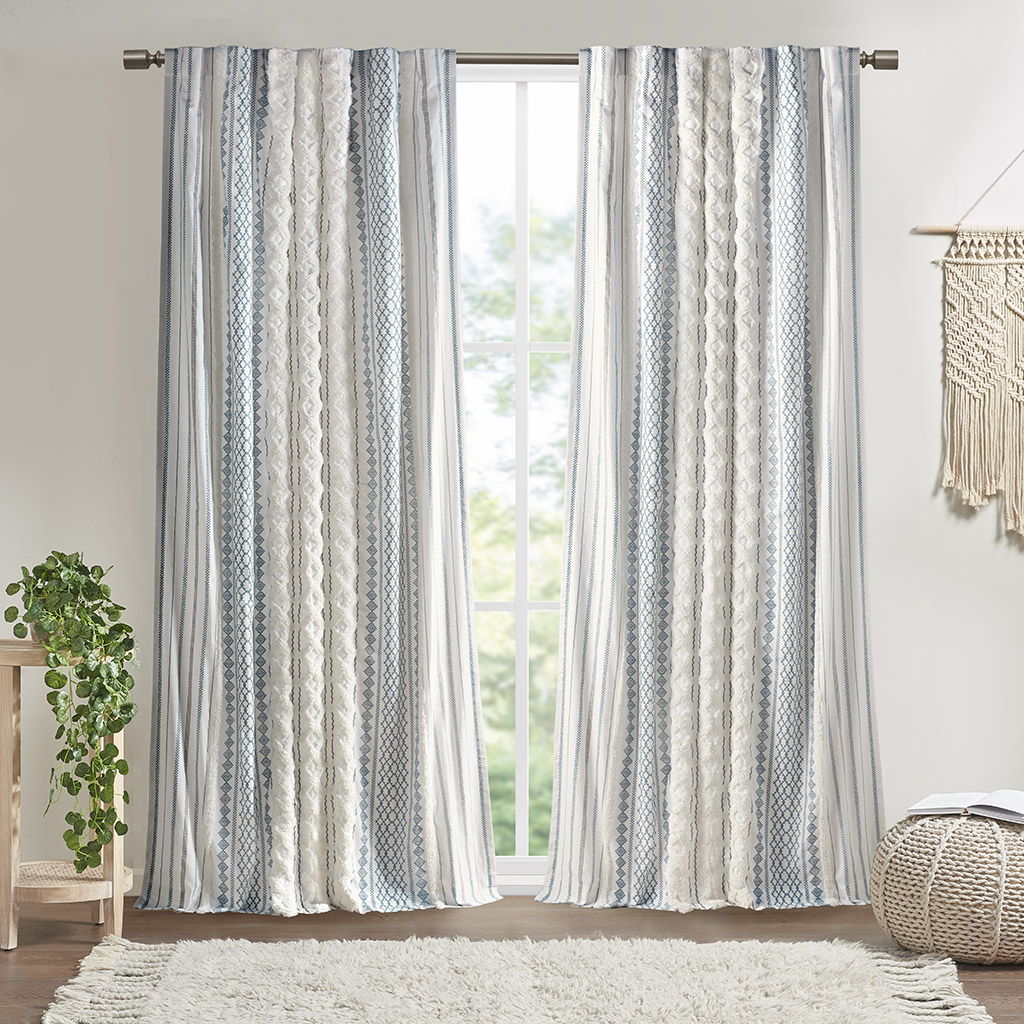 Imani - Cotton Printed Curtain Panel With Chenille Stripe and Lining - White/Navy INK+IVY