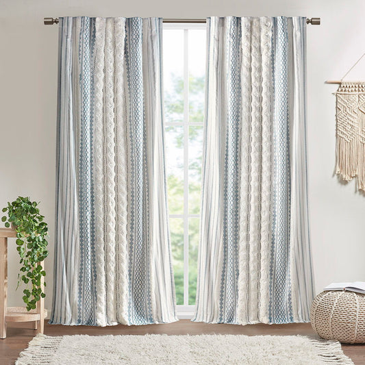 Imani - Cotton Printed Curtain Panel With Chenille Stripe and Lining - White/Navy INK+IVY