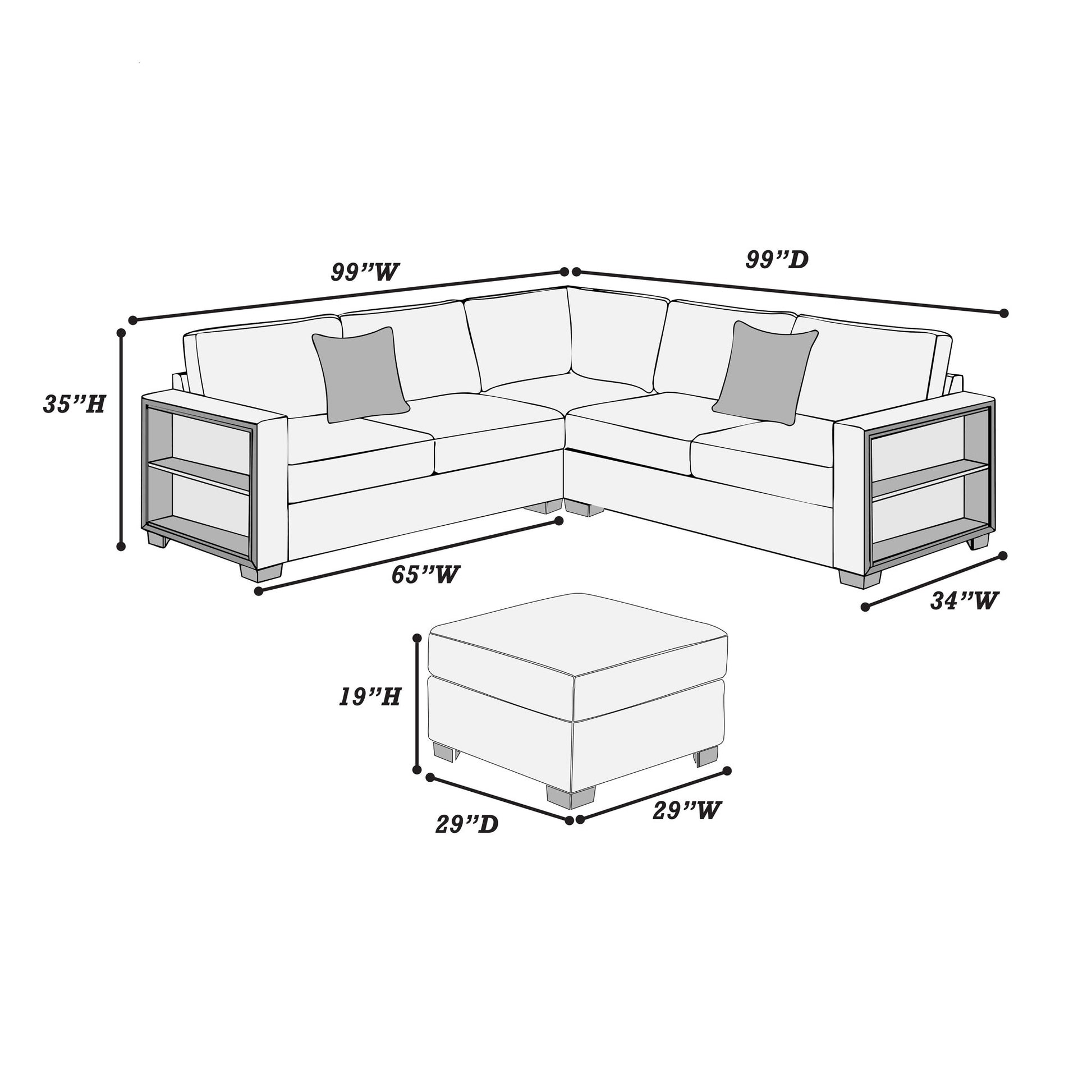 Contemporary Sectional Sofa 4 Piece Set With Built In Shelves L - Shaped Design Home Essentials