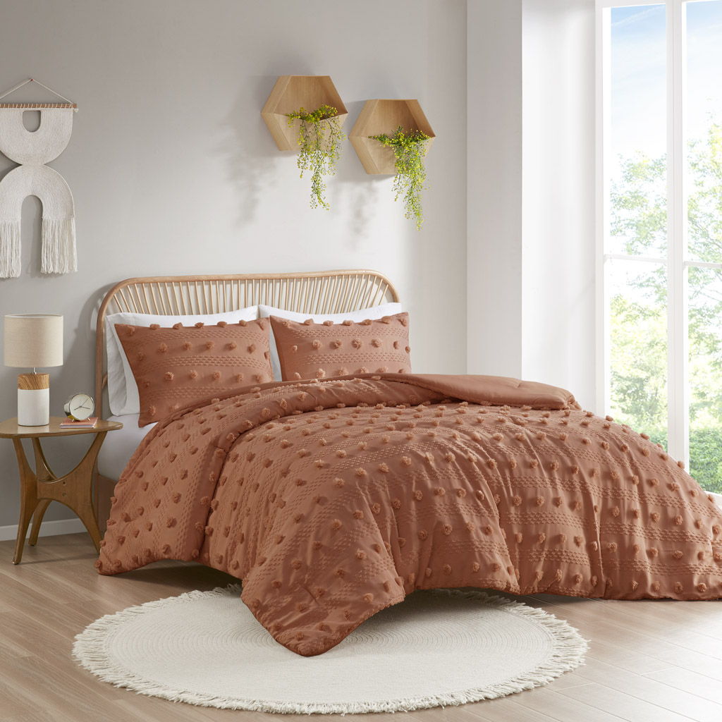 Lucy - Clip Jacquard King Comforter Set - Rust